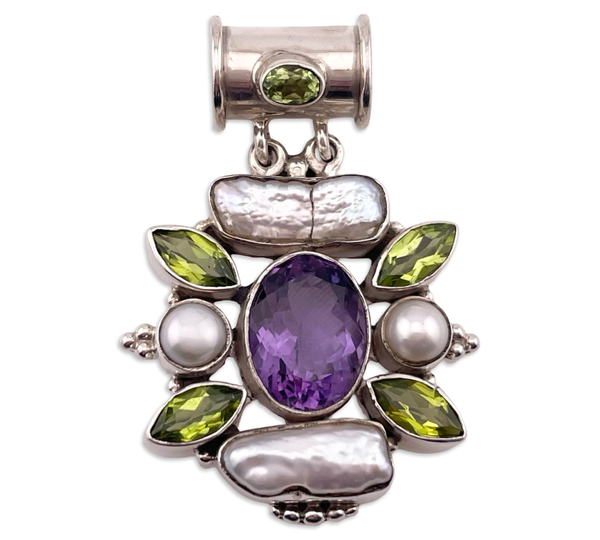 sterling silver faceted amethyst peridot pearl pendant