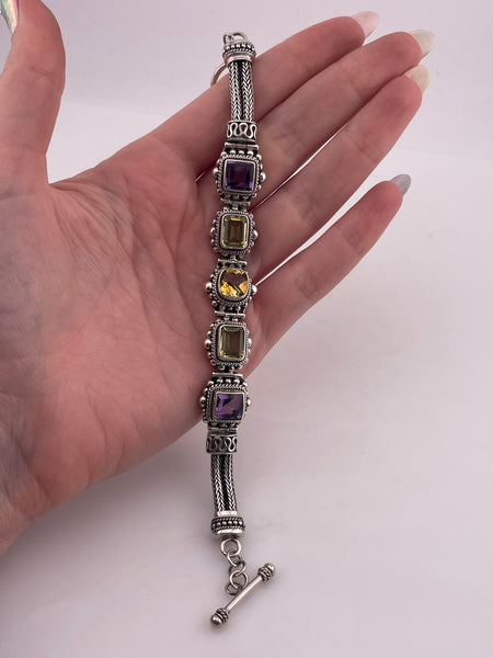 sterling silver 7-1/2" faceted multi-stone wheat chain link bracelet