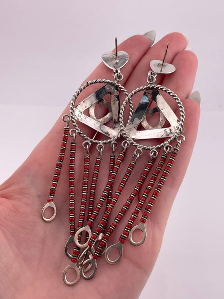 sterling silver 4-1/2" long gold wash hear red bead post dangle earrings