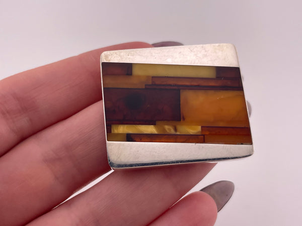 sterling silver multi-color amber inlay brooch pin