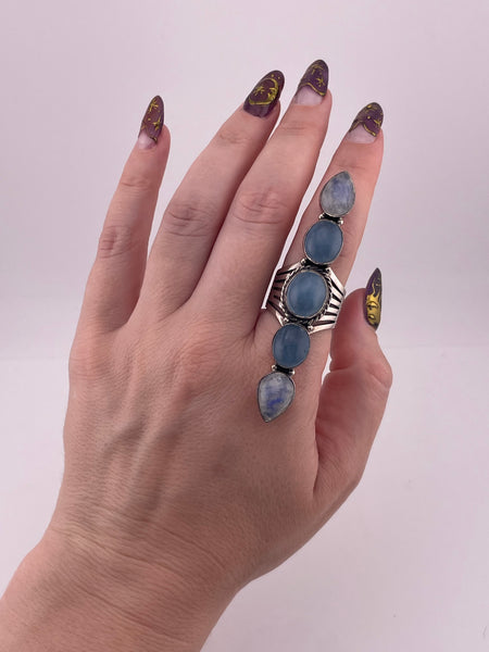 size 8 sterling silver 2-7/8" long blue quartz rainbow moonstone ring