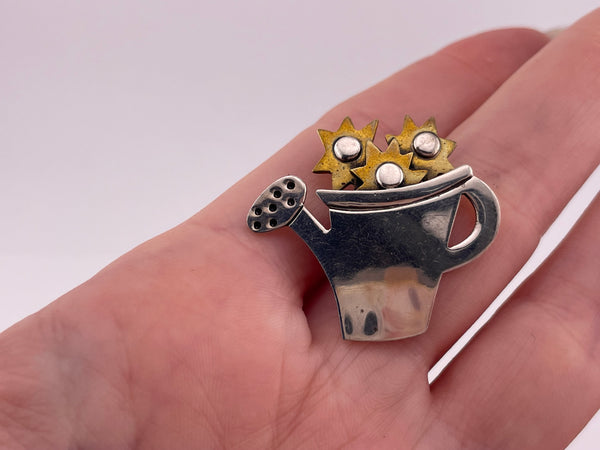 sterling silver & brass watering can flowers pin