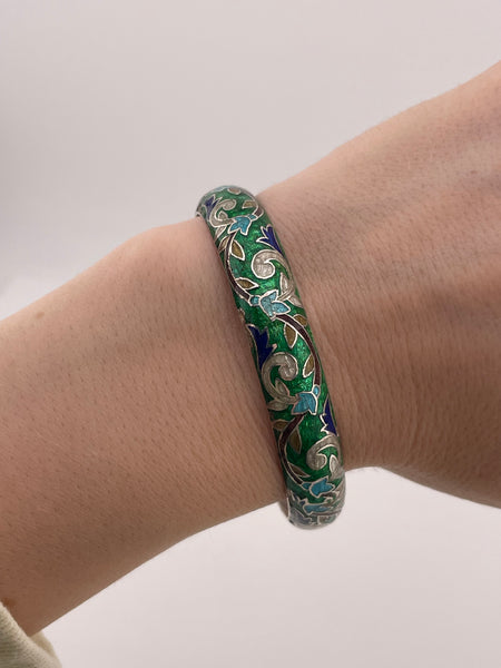 sterling silver 8" enamel scroll leaf bangle bracelet