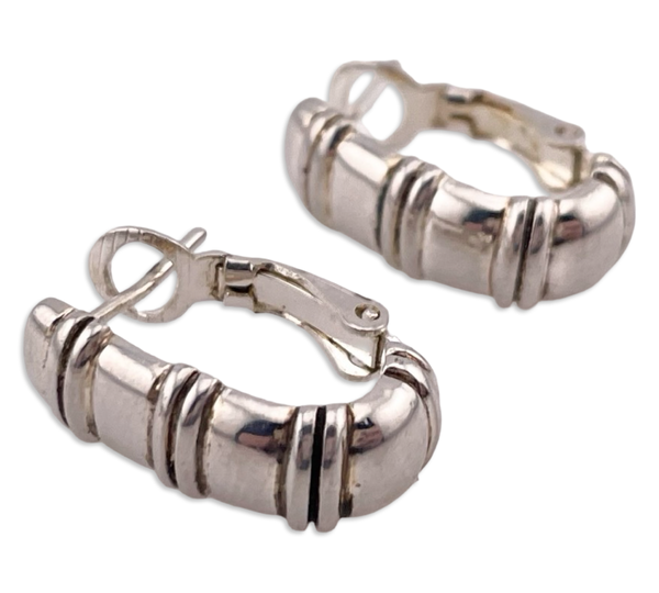 sterling silver textured oval omega back hoop earrings
