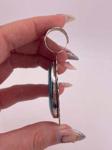sterling silver 2-1/2" DTR large stabilized turquoise stamped pendant ***Hairline Cracks***