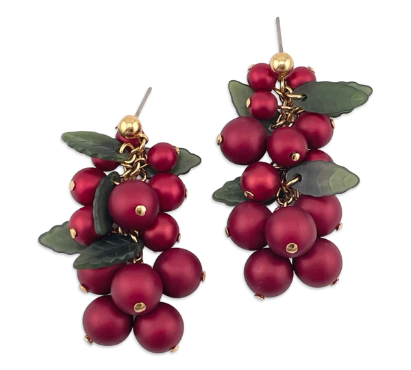 costume gold tone red grape fruit post dangle earrings