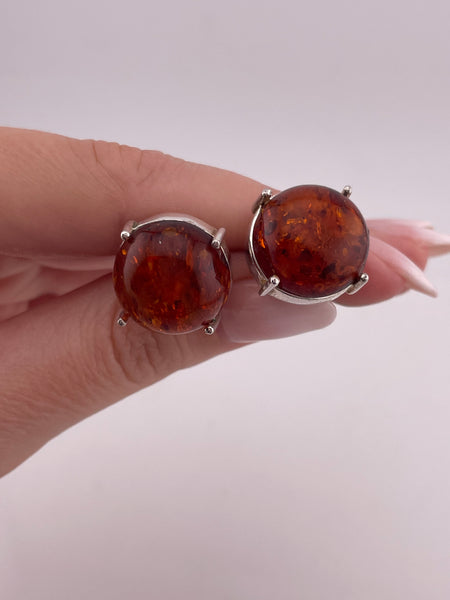 sterling silver round amber prong setting post earrings