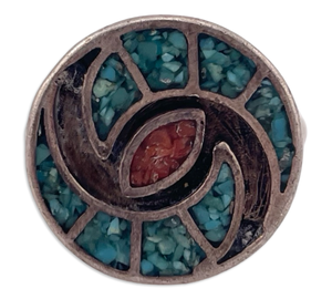 size 7.5 sterling silver crushed turquoise coral hummingbird pattern ring