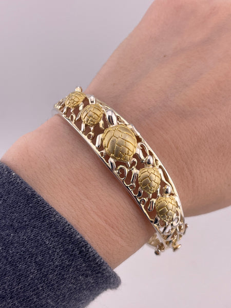 sterling silver gold plated 7 5/8" sea turtle hinge bangle bracelet