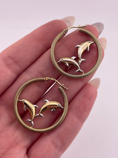 gold plated sterling silver dolphin 1 1/8" hoop earrings **AS IS**