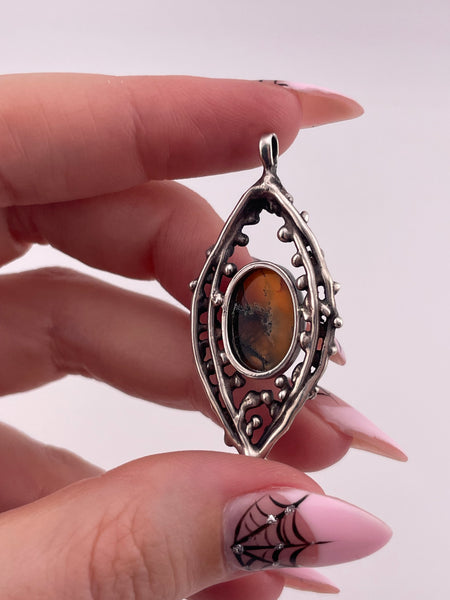 sterling silver moss agate brutalist pendant