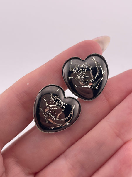sterling silver etched dragon gunmetal screw-back earrings