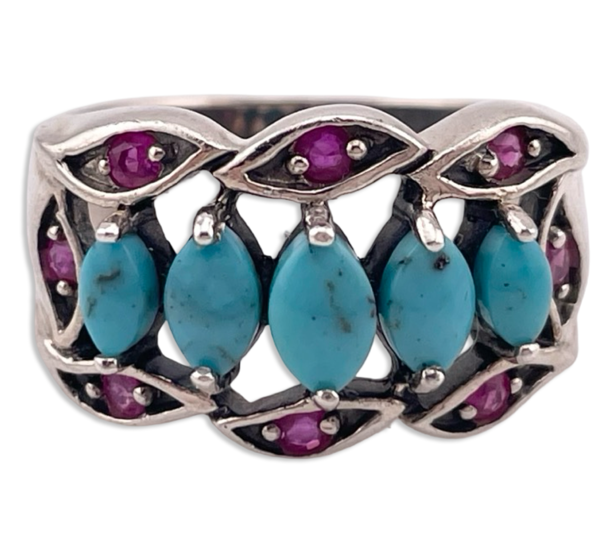 size 8.75 sterling silver stabilized turquoise lab ruby ring