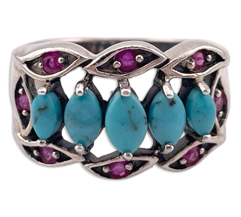 size 8.75 sterling silver stabilized turquoise lab ruby ring