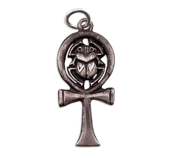 sterling silver Egyptian ankh cross scarab beetle pendant