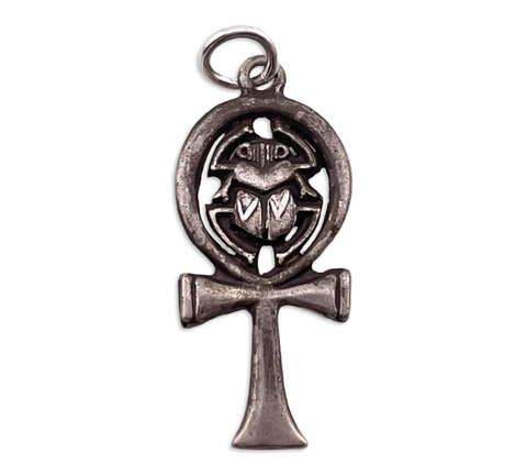 sterling silver Egyptian ankh cross scarab beetle pendant
