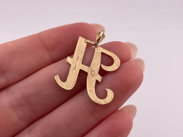14k yellow gold diamond cut large brushed matte finish 'H' initial pendant
