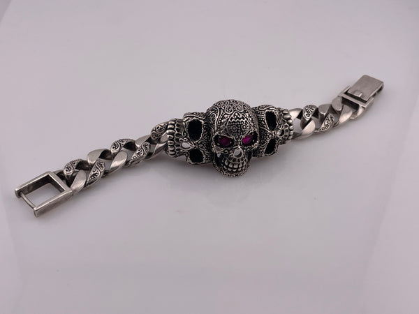 sterling silver chunky heavy skull lab ruby eyes link bracelet