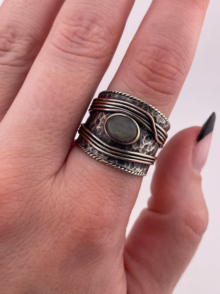 size 8.5 sterling silver, copper, brass labradorite textured wide band ring