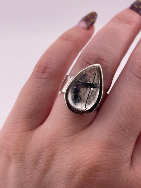 size 7 sterling silver pear shape black rod rutilated quartz adjustable band ring