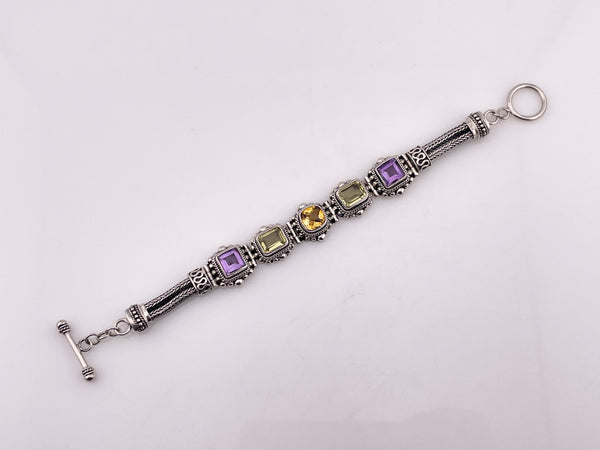 sterling silver 7-1/2" faceted multi-stone wheat chain link bracelet