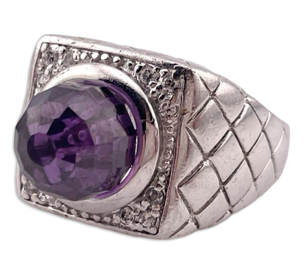 size 9 sterling silver rhodium plated faceted purple glass rhinestone ring