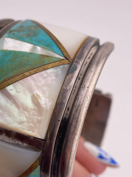 sterling silver heavy turquoise, mother of pearl, & brass inlay cuff bracelet