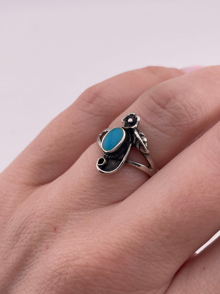 size 6 sterling silver synthetic turquoise flower leaf ring