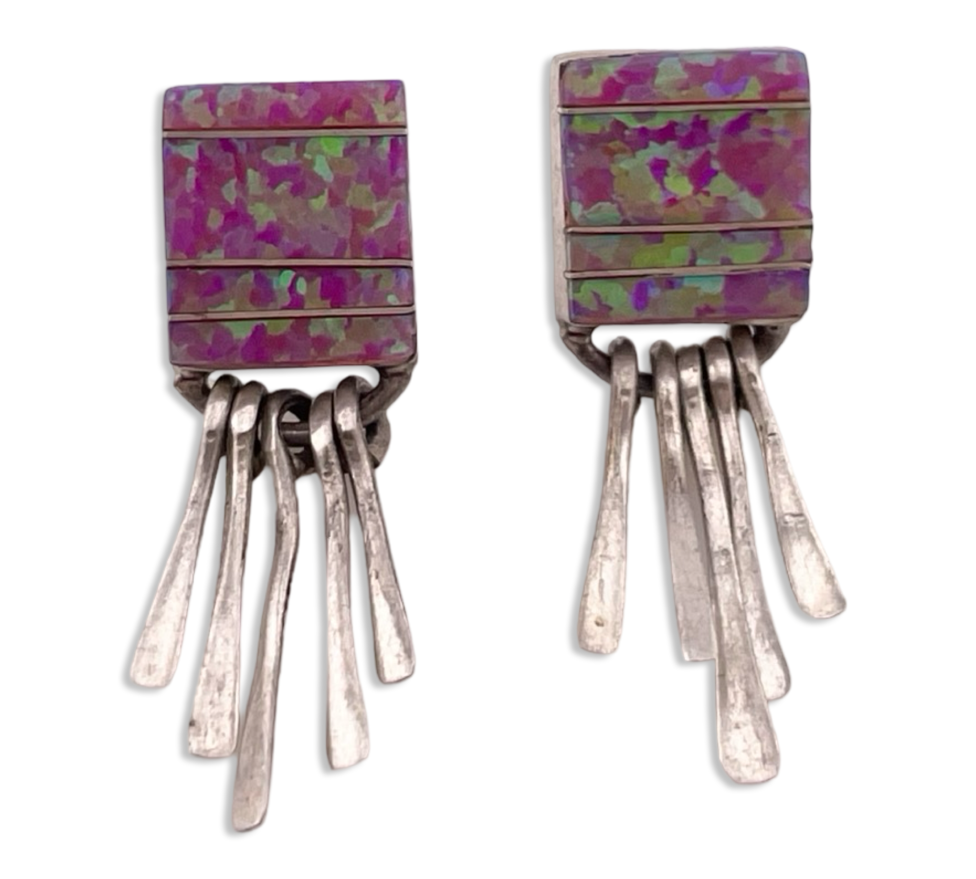 sterling silver pink green rectangle lab opal inlay fringe post earrings