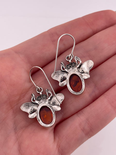 sterling silver amber bee dangle earrings