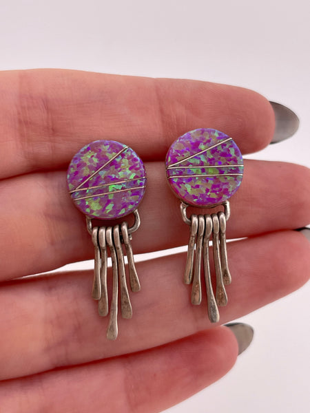 sterling silver pink synthetic opal inlay round fringe post earrings