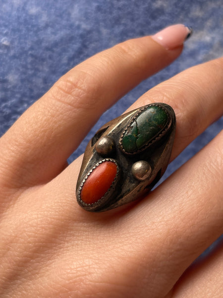 size 6.5 sterling silver coral & green turquoise ring **AS IS**