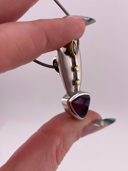 sterling silver & gold plated faceted garnet & peridot matte finish necklace