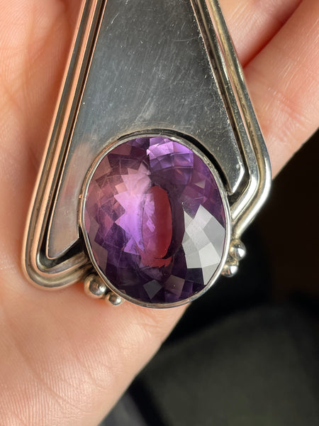 sterling silver 3" long faceted amethyst pendant