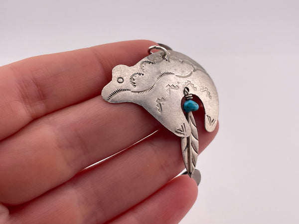 sterling silver stamped bear turquoise feather pendant