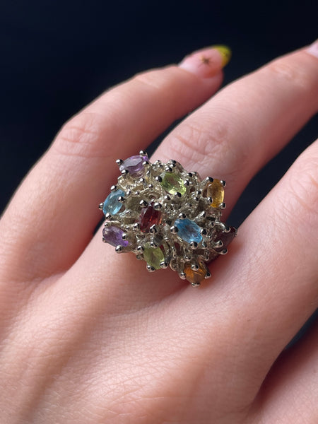 size 6.5 sterling silver brutalist faceted multi-gemstone ring