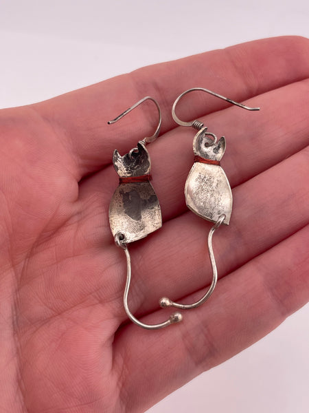 sterling silver brushed textured cat hook dangle earrings
