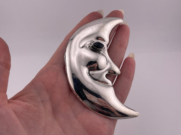 sterling silver 3-3/8" pressed Mexican black resin crescent man in the moon pendant brooch