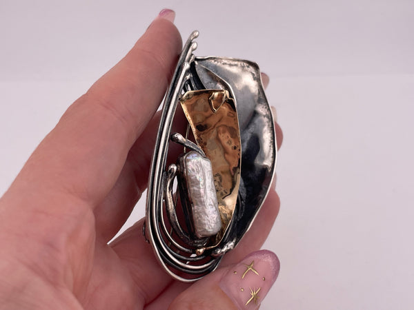 sterling silver gold wash Avi Soffer artisan pearl pendant brooch