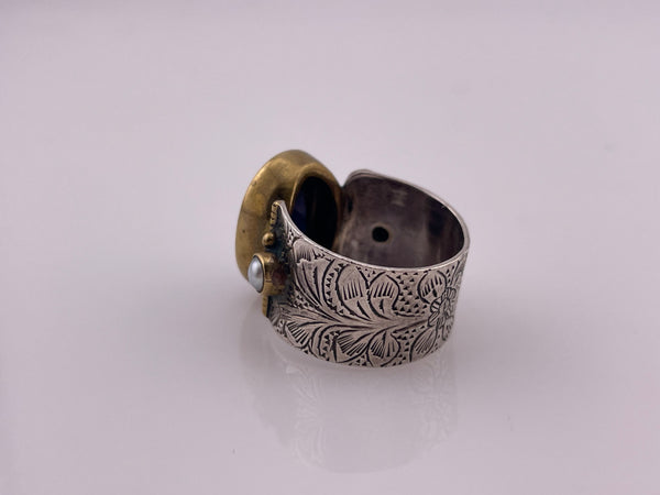 size 8.75 sterling silver & brass kyanite pearl flower band ring