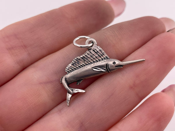 sterling silver etched sailfish pendant