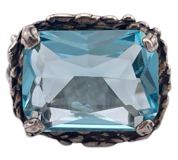 size 7.25 sterling silver faceted blue glass brutalist setting ring