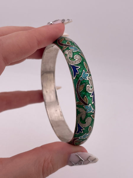 sterling silver 8" enamel scroll leaf bangle bracelet