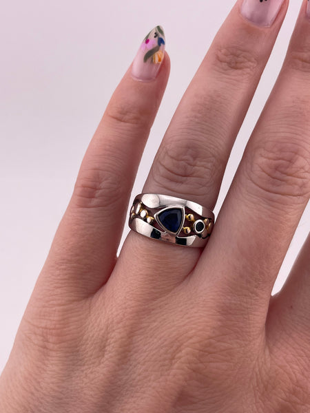 size 6.75 sterling silver gold wash faceted blue green glass ring