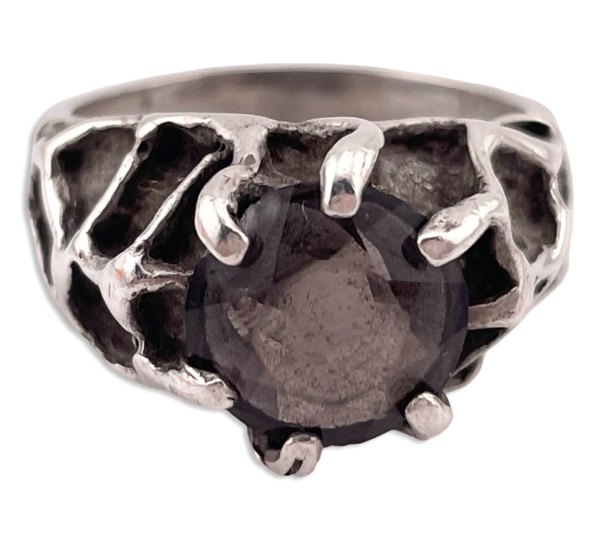 size 9 sterling silver brutalist faceted smoky glass ring ***Scratched Glass***