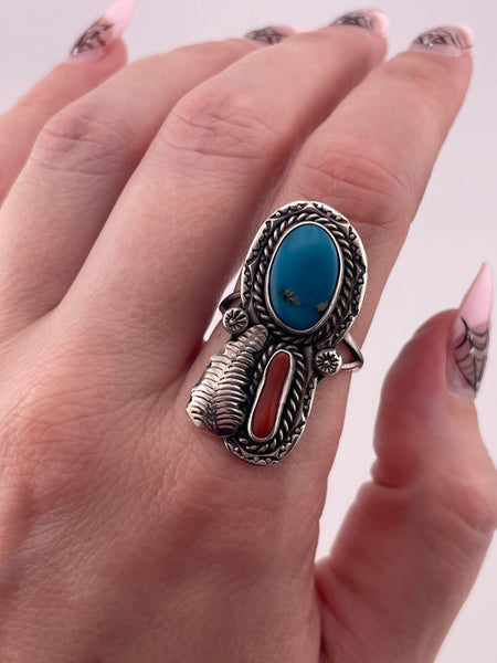 size 8.75 sterling silver turquoise & coral ring