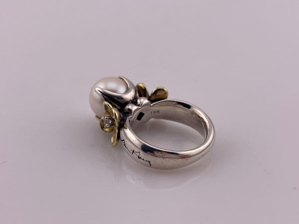 size 5 sterling silver & 18k gold Ann King gold pearl white topaz flower ring