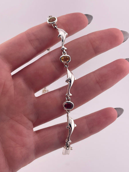 sterling silver 6-7/8" rhodium plated faceted multi-stone dolphin bracelet