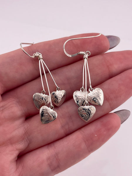 sterling silver etched triple heart dangle earrings
