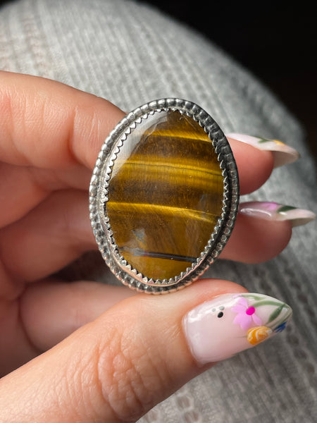 size 11 sterling silver tigers eye stamped band ring